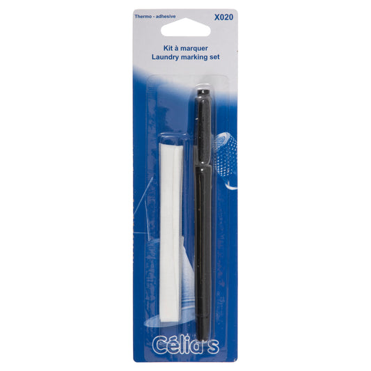 Laundry marking set with white tape and black pen on blue card
