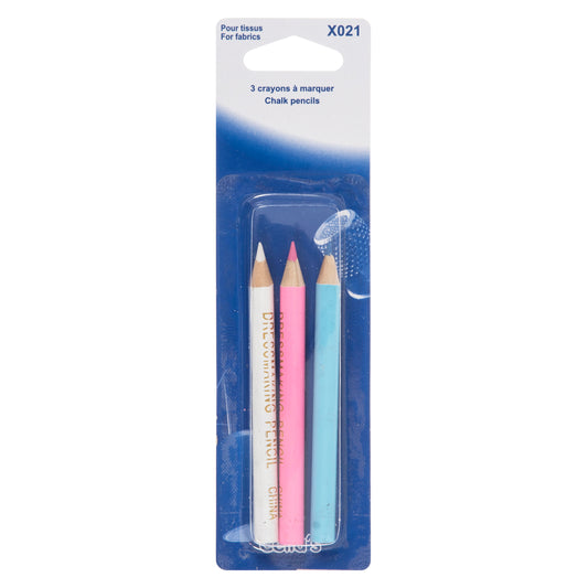 Three chalk pencils in white, pink and blue on blue card