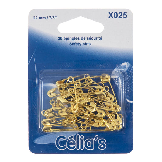 Pack of 30 gold coloured brass safety pins on blue card