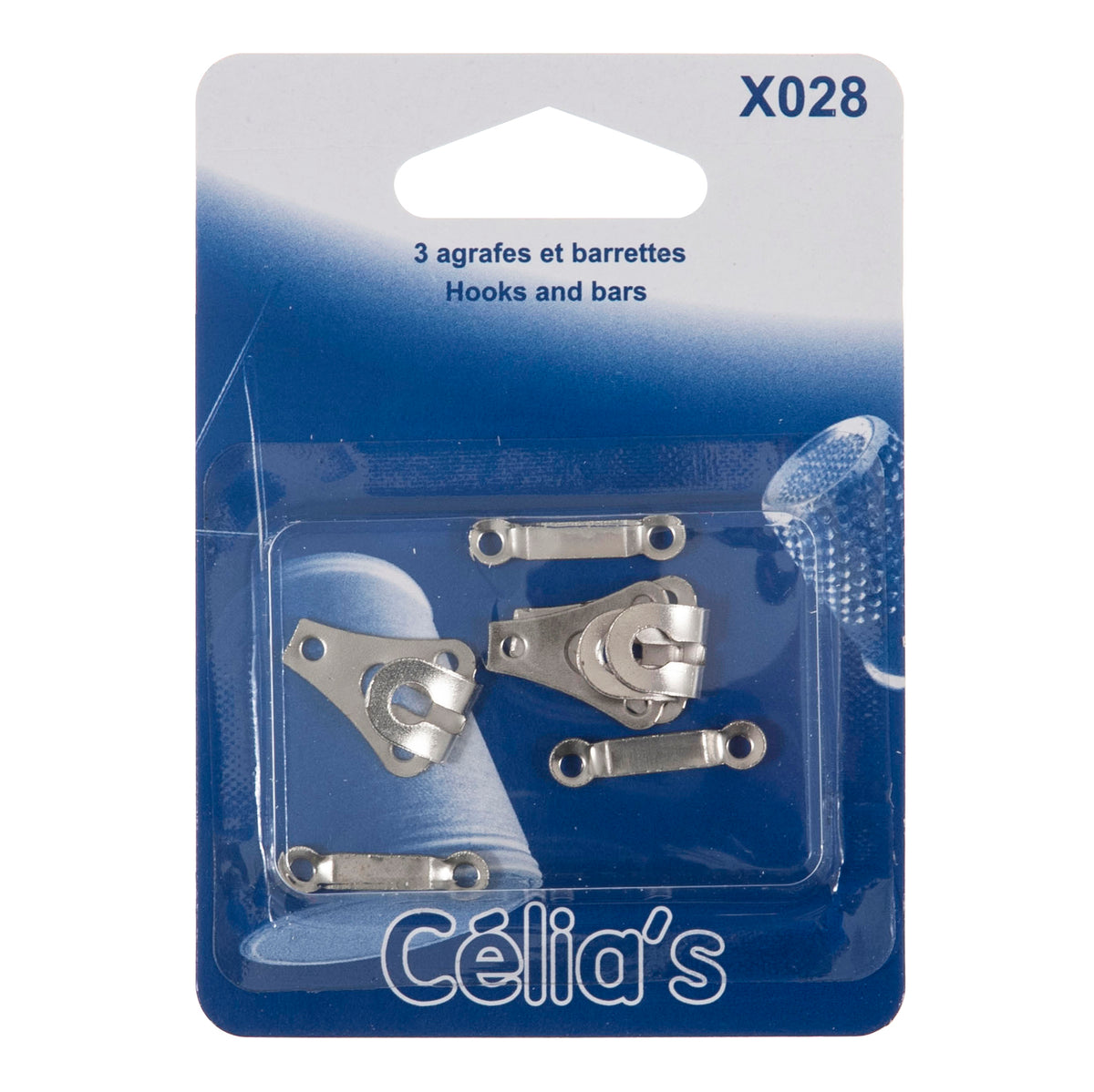 Three metal hook and bar fasteners on blue card