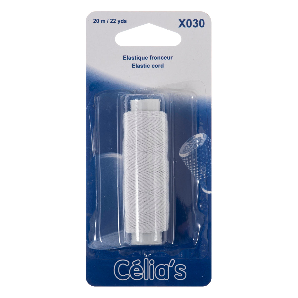 Reel of white shirring elastic in blister pack