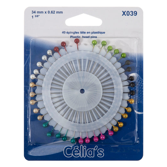 Wheel of 40 coloured plastic head pins on blue card