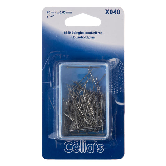 Clear box of household pins on blue card