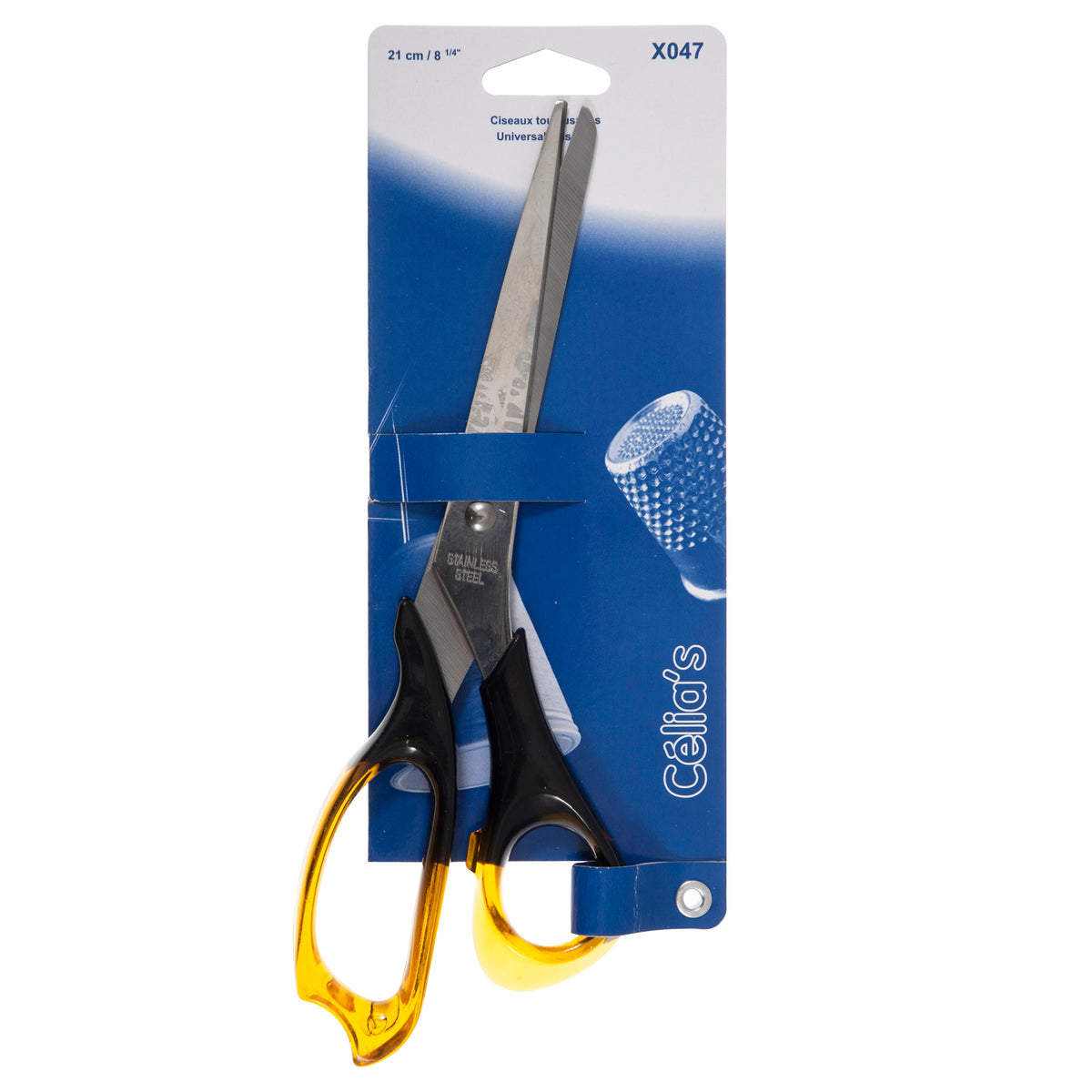 21cm scissors with yellow and black handles on blue card