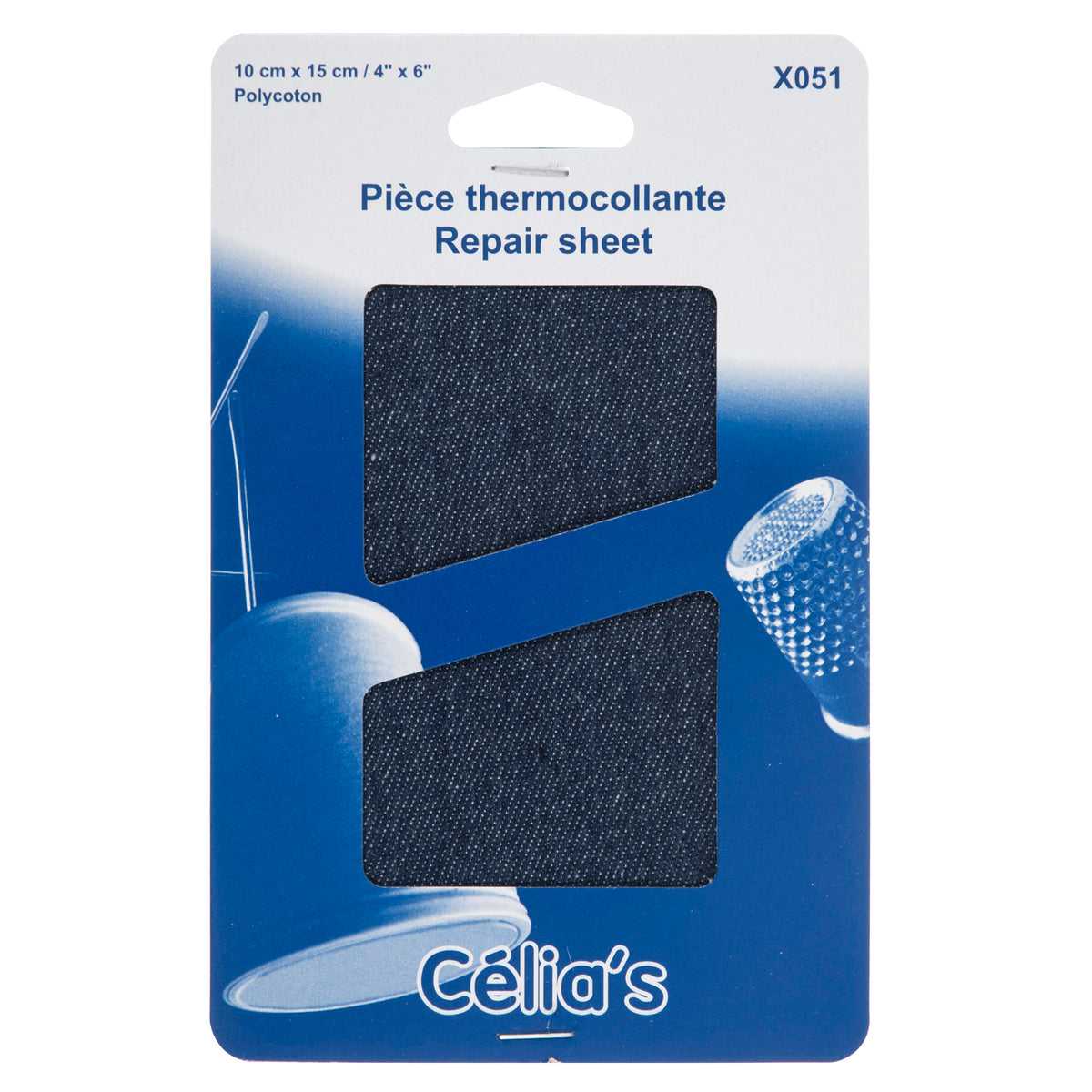 Navy iron-on repair sheet on blue Celia's card