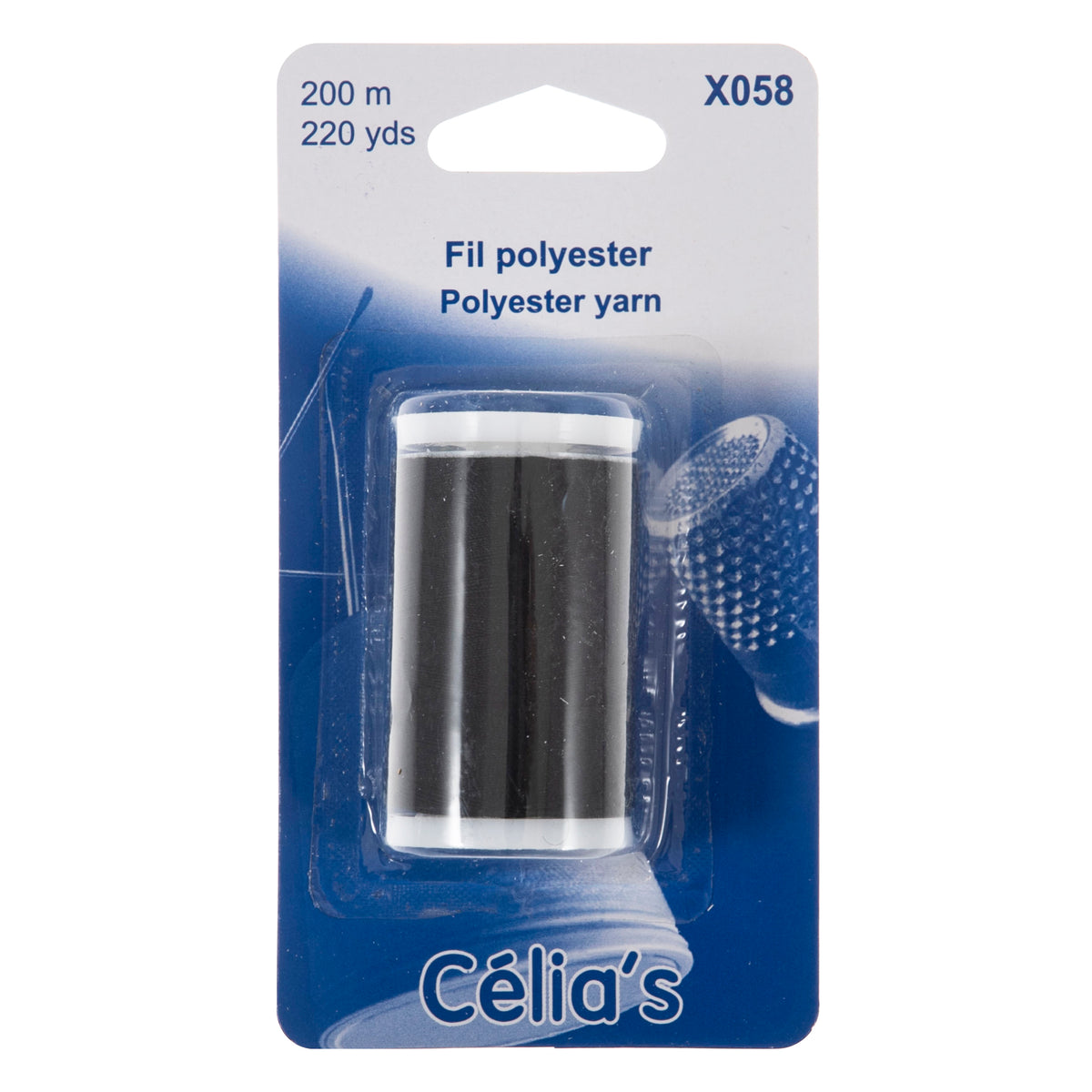 Reel of black polyester thread on blue card