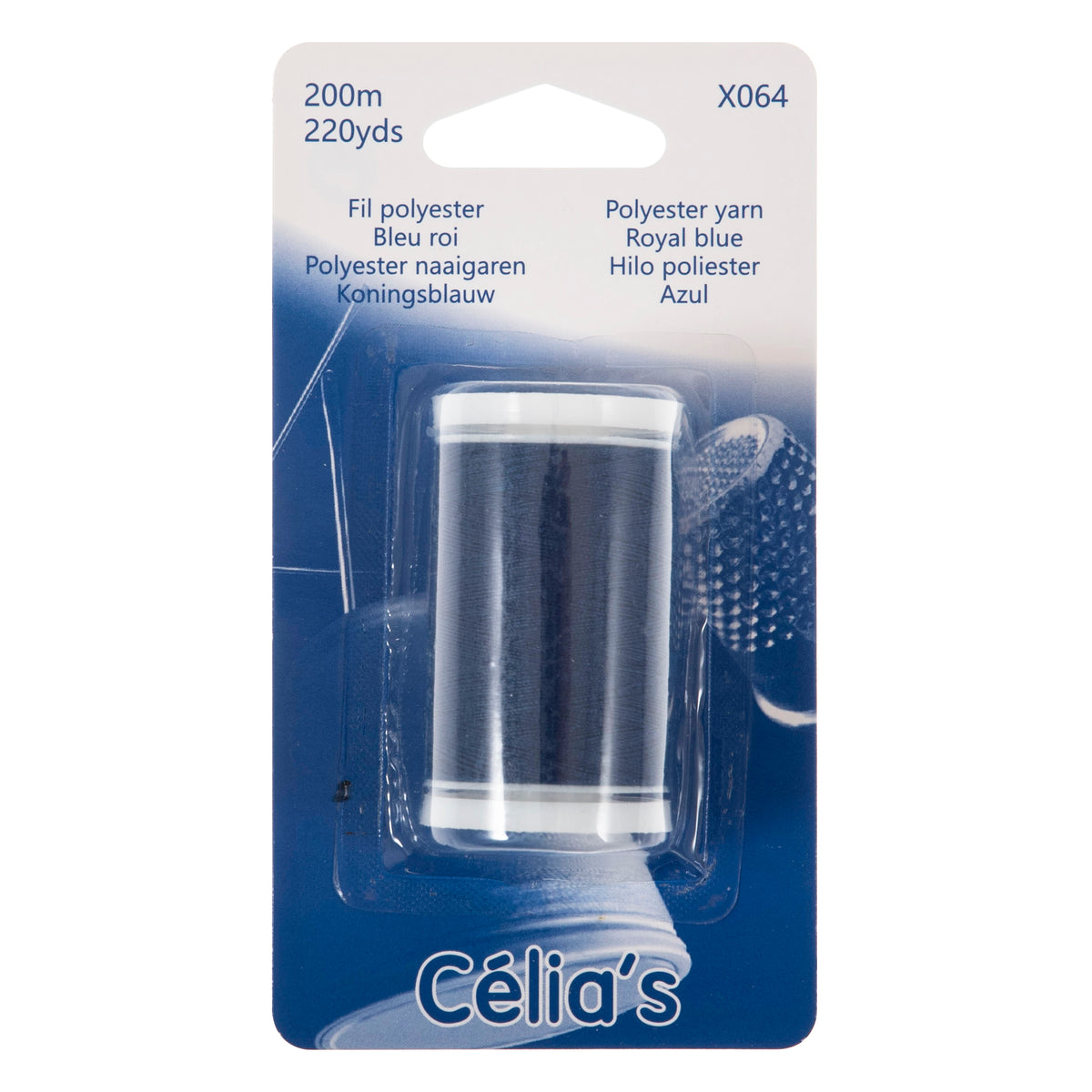 Reel of royal blue polyester thread on blue card