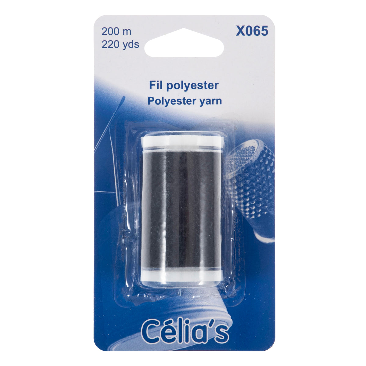 Reel of navy blue polyester thread on blue card