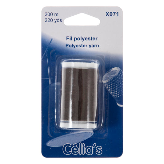 Spool of dark brown polyester sewing thread