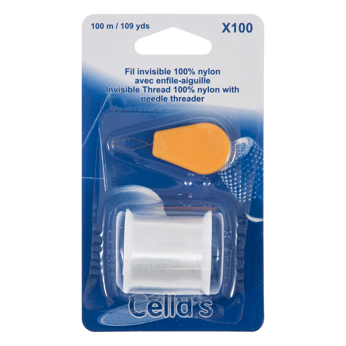 Spool of clear invisible thread with an orange needle threader on a card