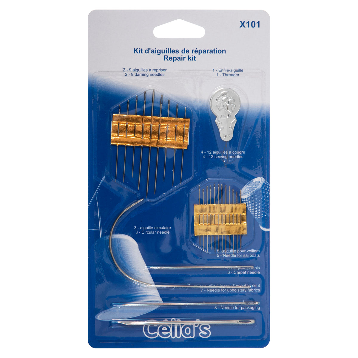 Card of assorted hand sewing, darning and curved needles with a threader