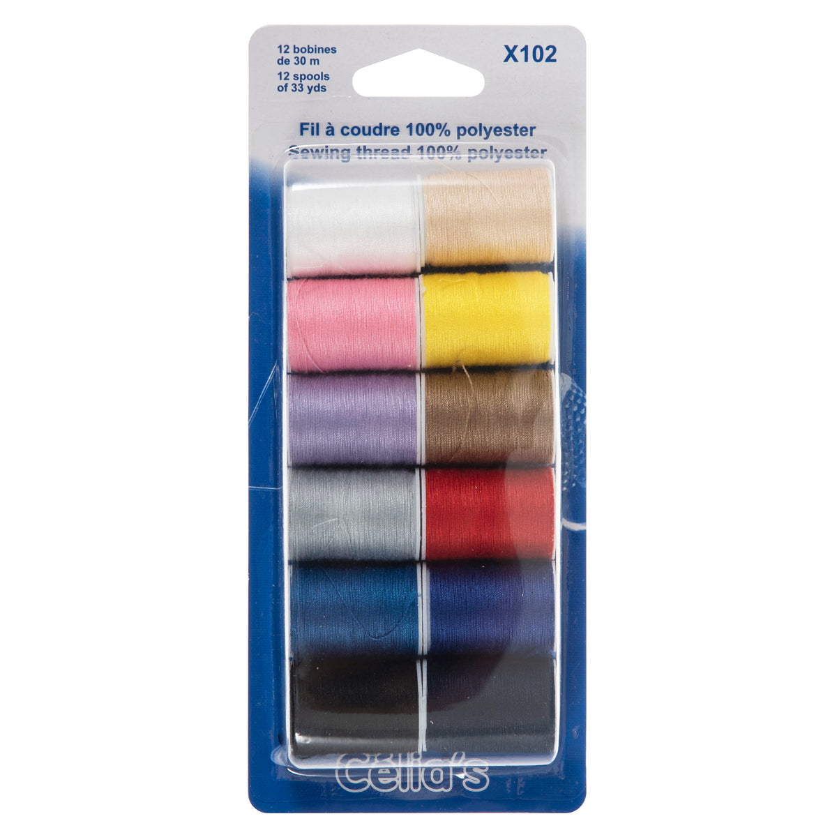 Twelve spools of polyester thread in assorted colours on a card