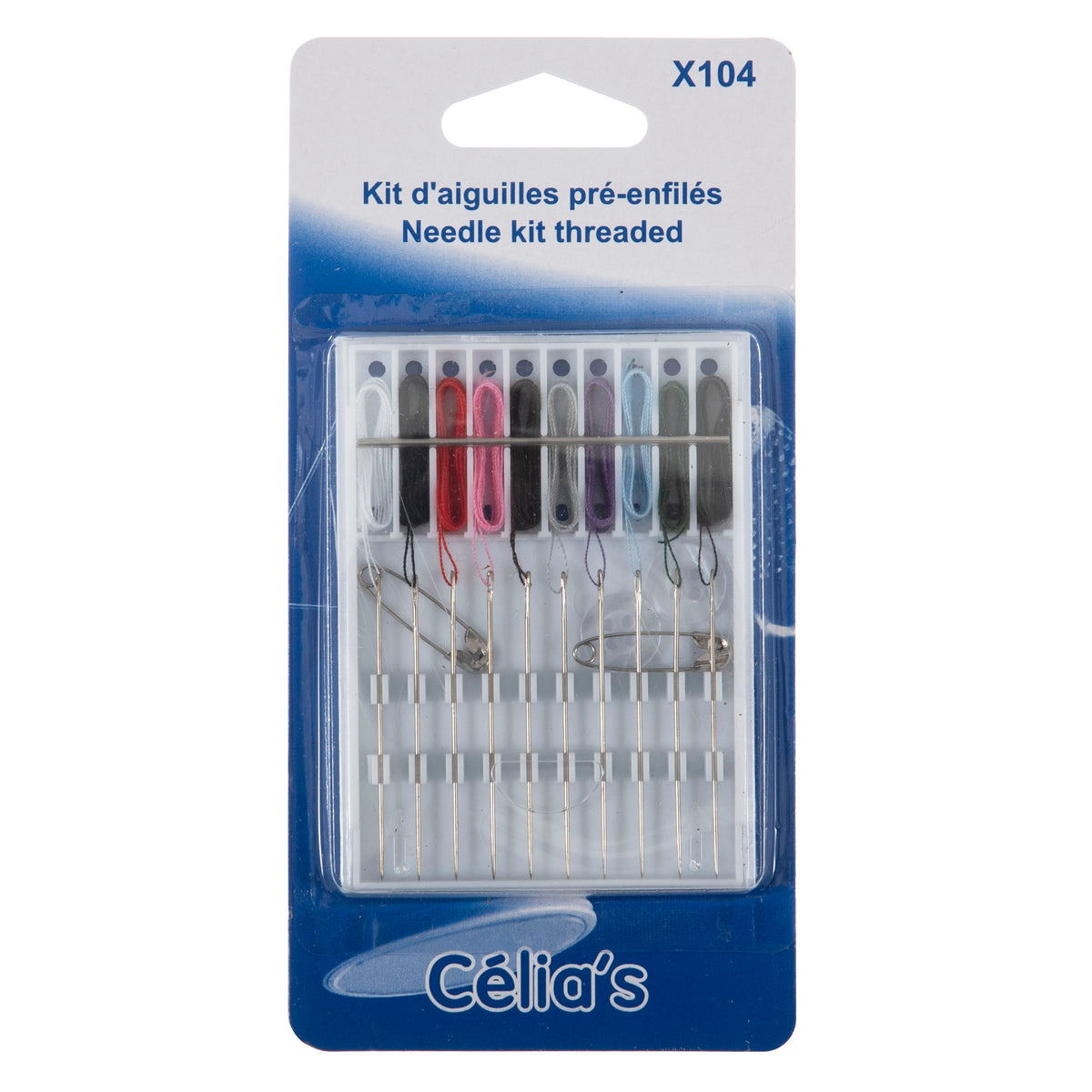 Card of pre-threaded hand sewing needles in assorted thread colours