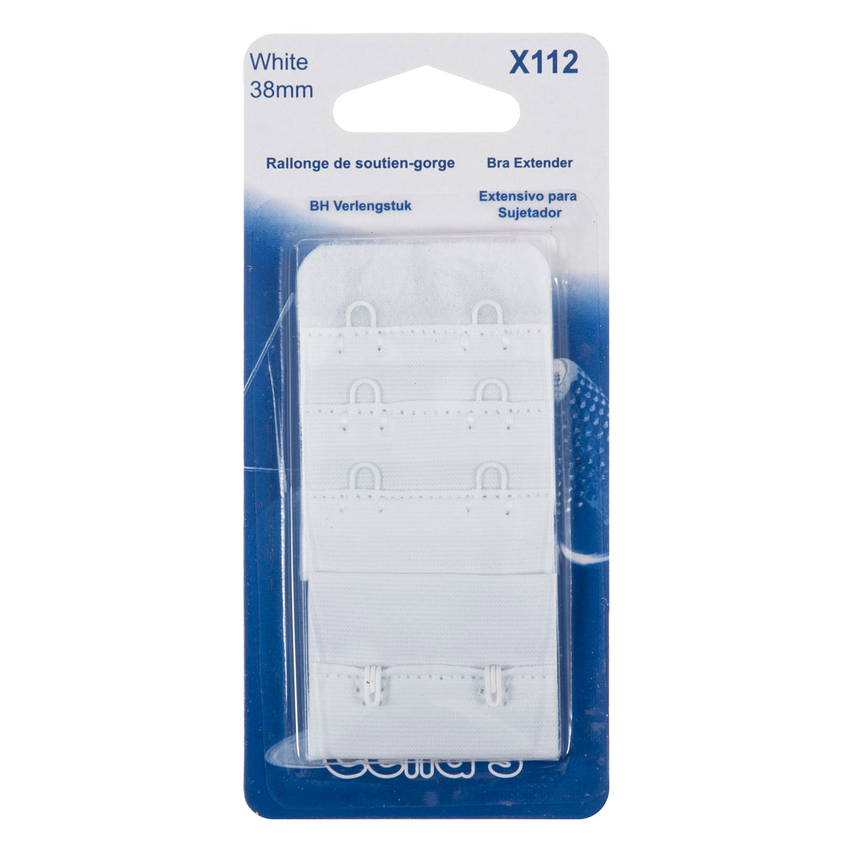 White 38mm hook and eye bra extender on a card