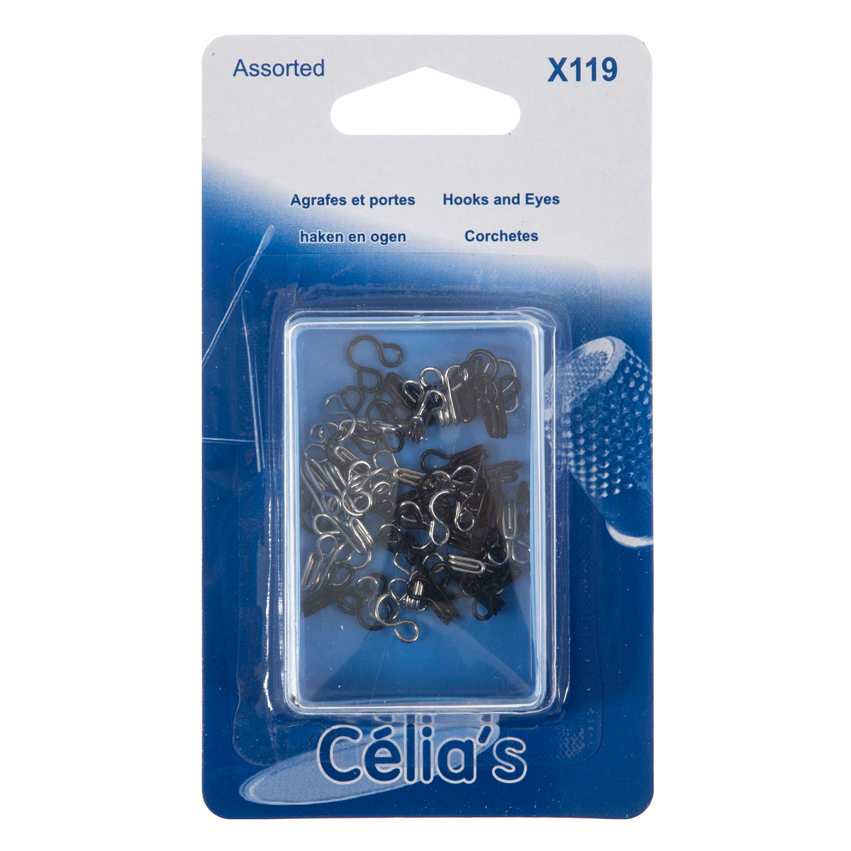 Clear box of assorted black and silver hooks and eyes on a card