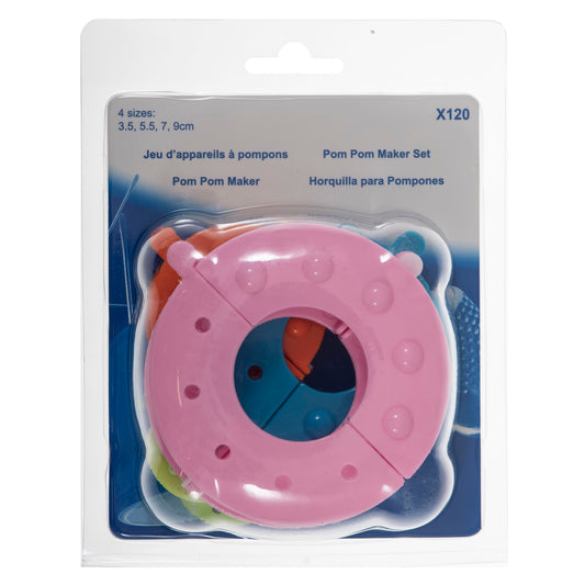 Set of coloured plastic pom pom makers in four sizes