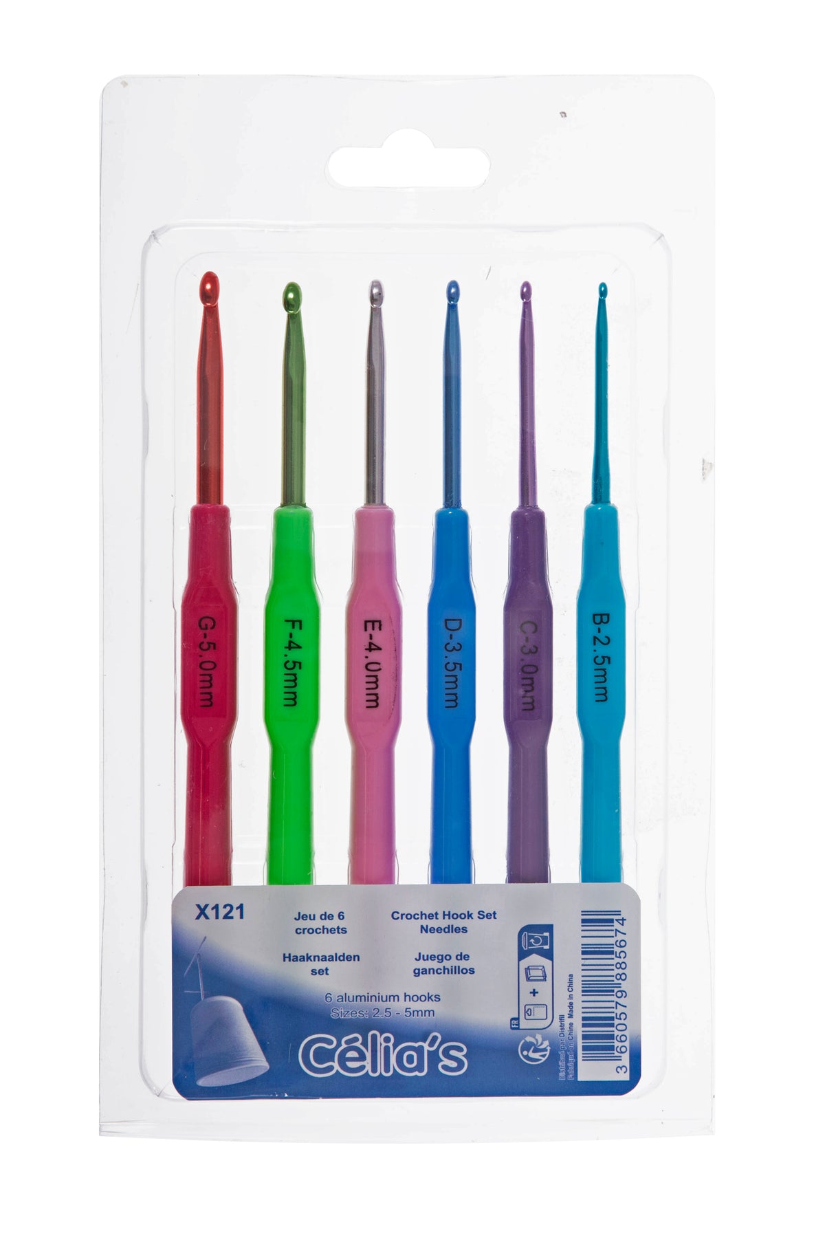 Six aluminium crochet hooks with coloured handles in a case