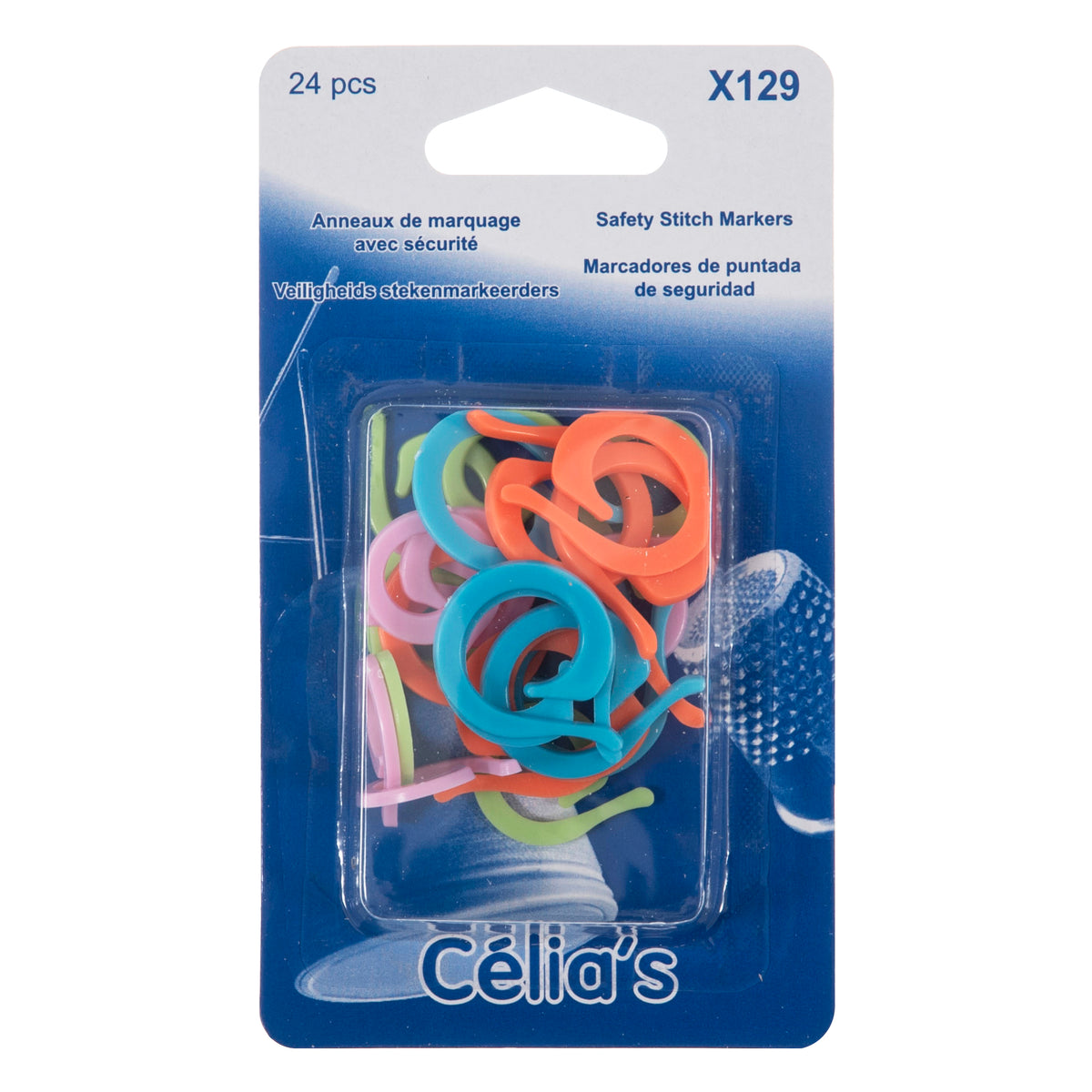 Coloured plastic locking stitch markers on a card