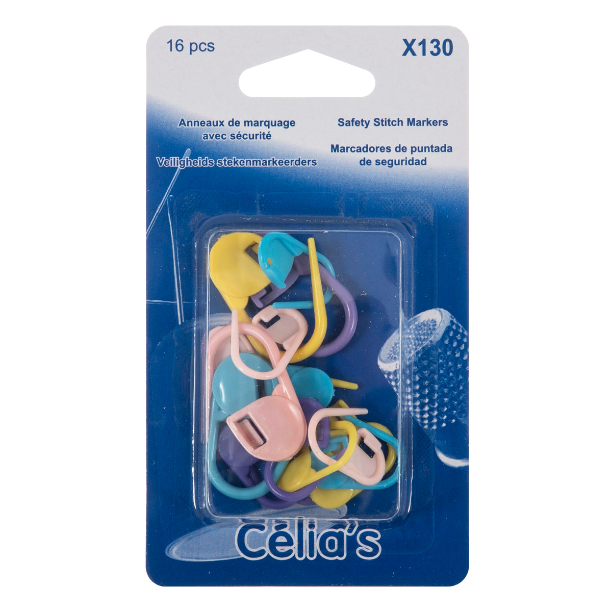 Coloured plastic locking stitch markers on a card