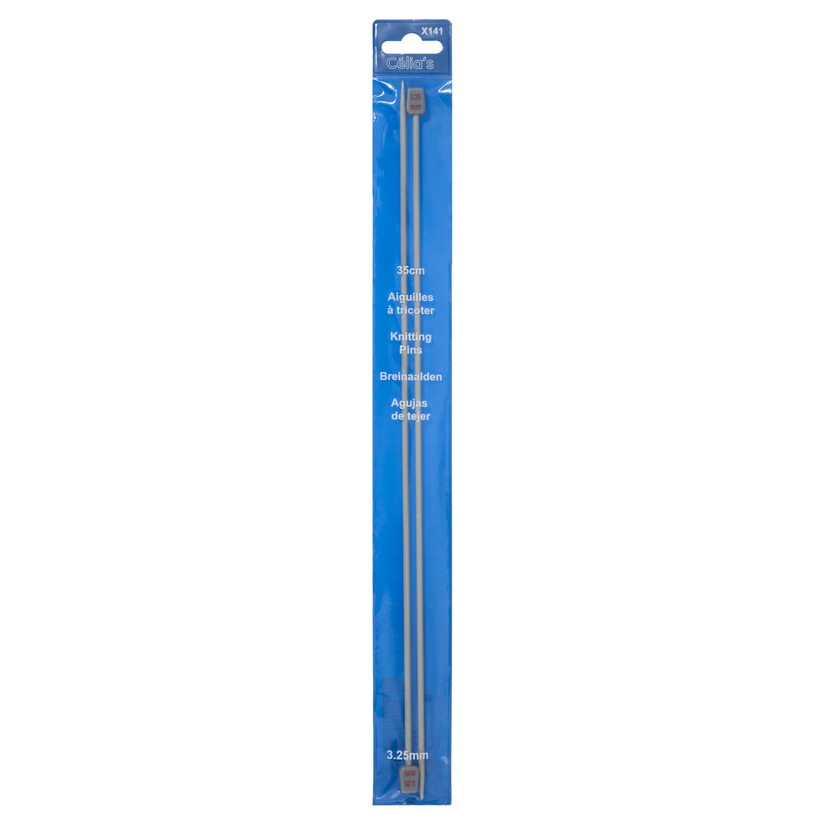 Pair of 3.25mm straight knitting needles in a blue pack