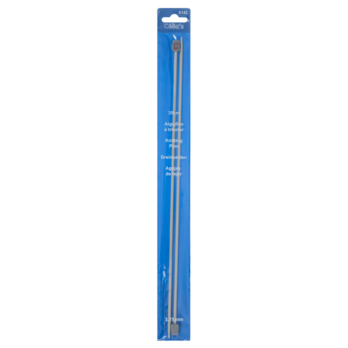 Pair of 3.75mm straight knitting needles in a blue pack