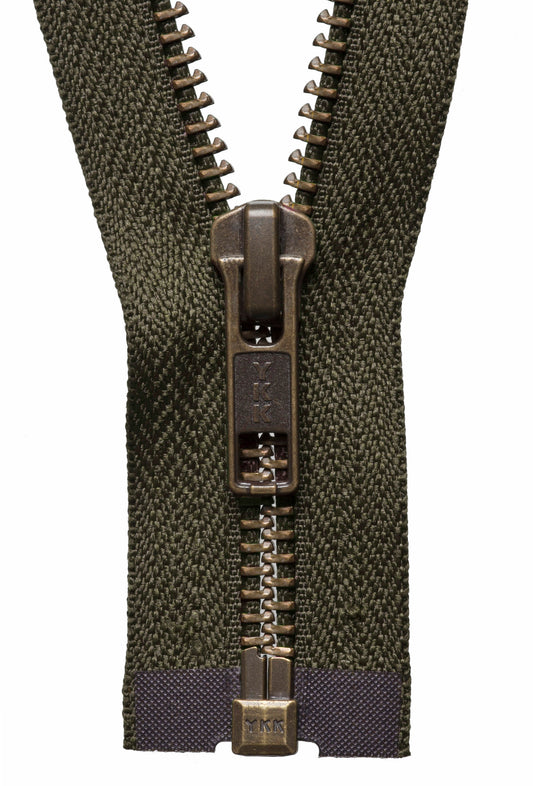 Khaki YKK metal tooth open end zip, 71cm