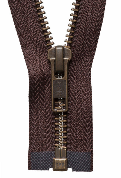 Brown YKK metal tooth open end zip, 71cm