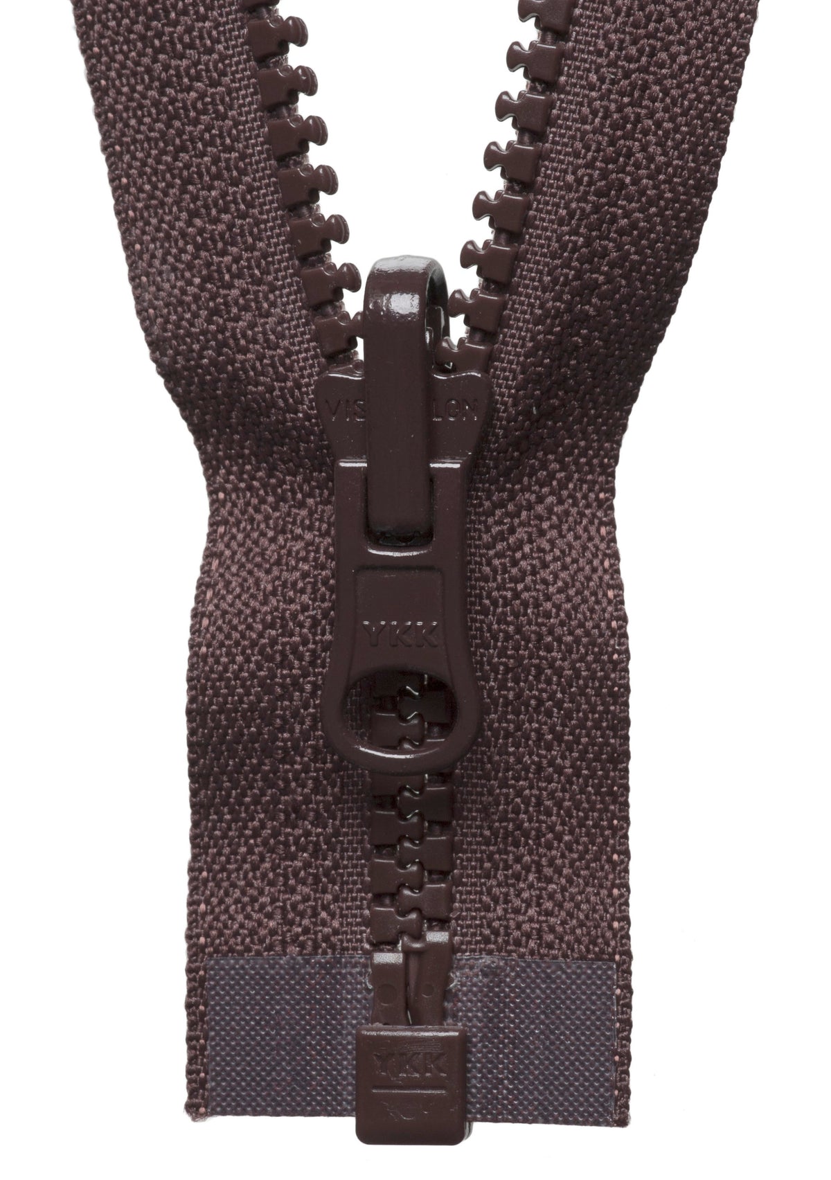 Brown YKK Vislon reversible open end zip with chunky plastic teeth