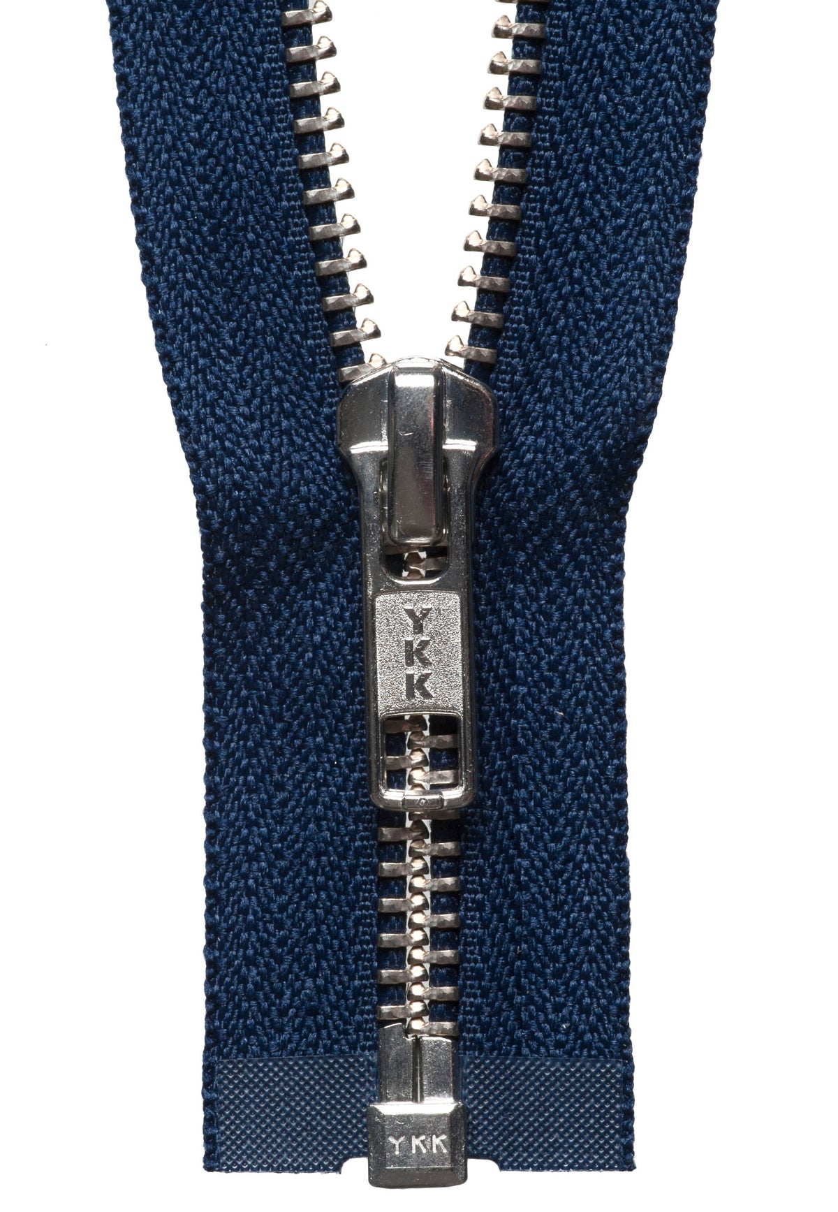 Navy YKK metal open end zip with metal teeth