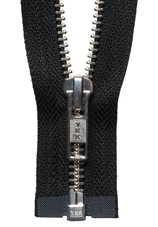 Black YKK nickel free metal open end zip, 41cm