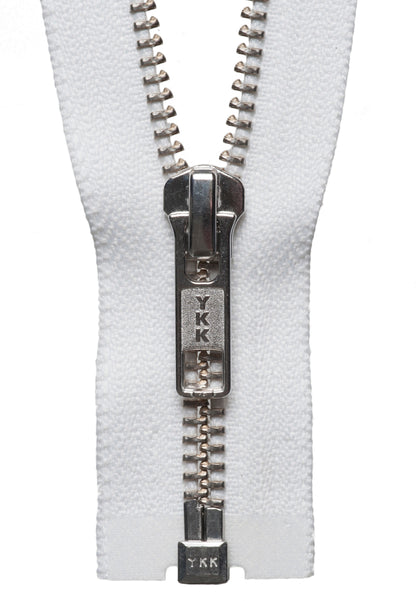 White YKK nickel free metal open end zip, 51cm