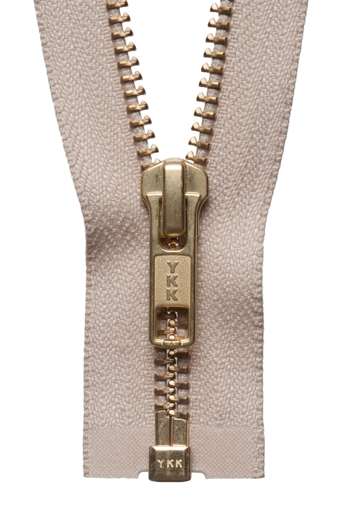Beige YKK brass metal open end zip, 41cm