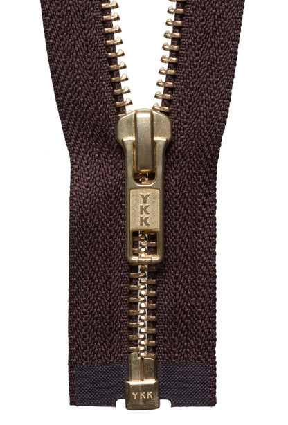 Brown YKK brass metal open end zip, 51cm
