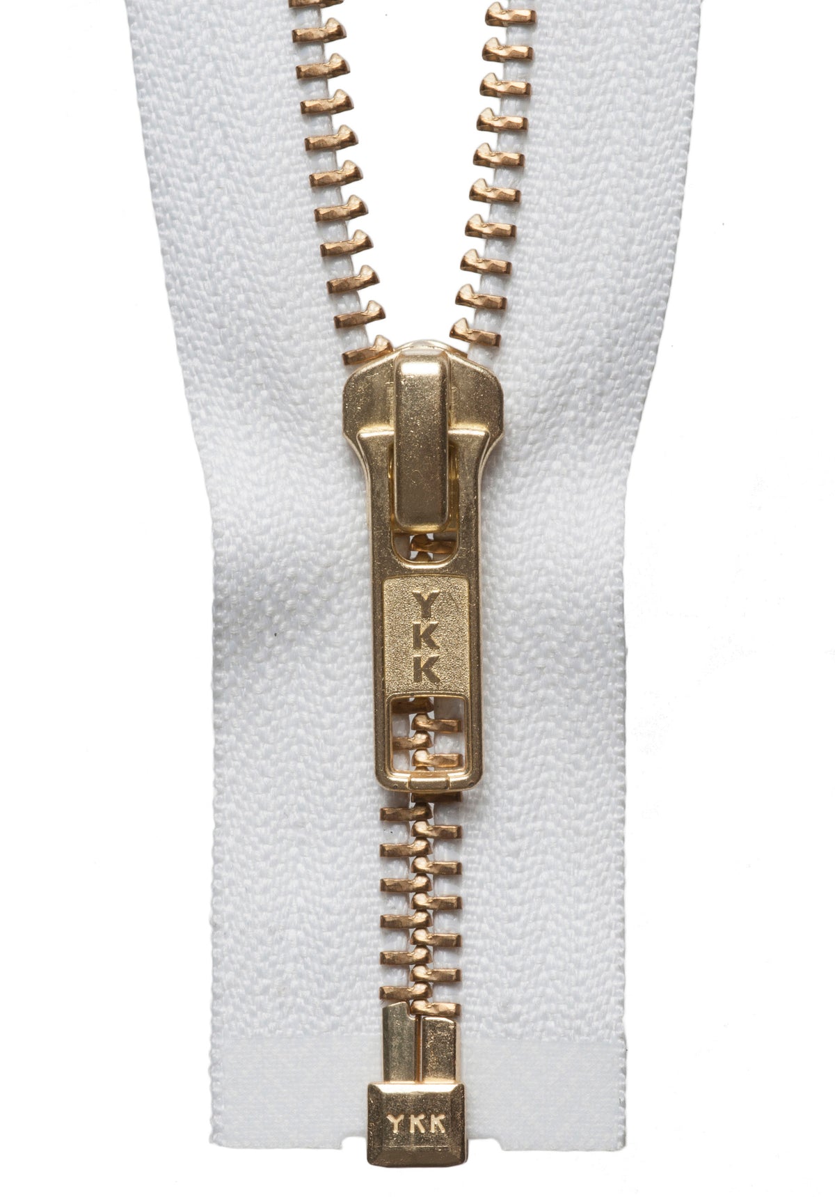 White YKK brass metal open end zip