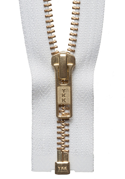 White YKK brass metal open end zip, 71cm