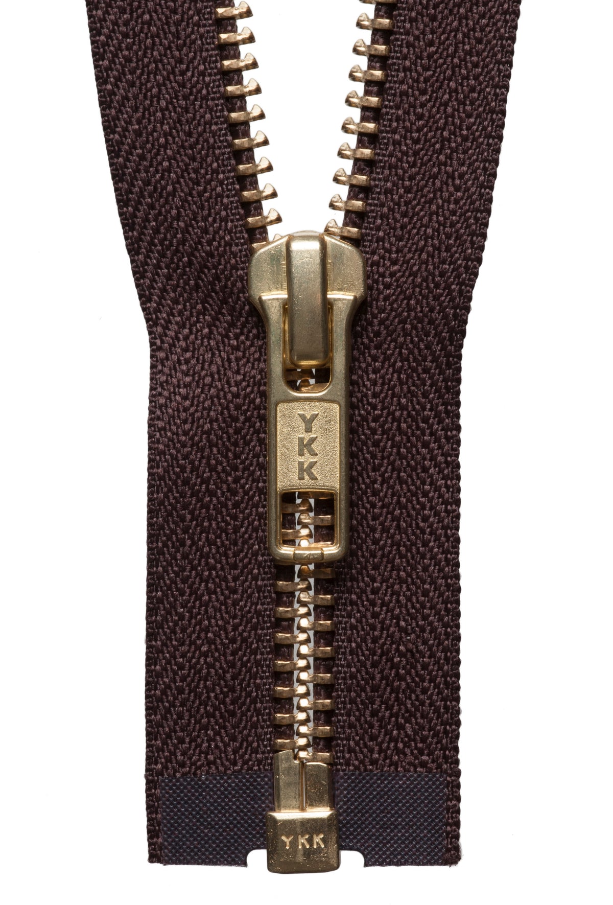 Brown YKK brass metal open end zip, 71cm