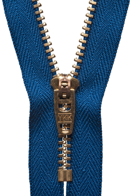 YKK brass jeans zip with royal blue tape, 15cm