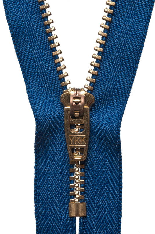 YKK brass jeans zip with royal blue tape, 15cm
