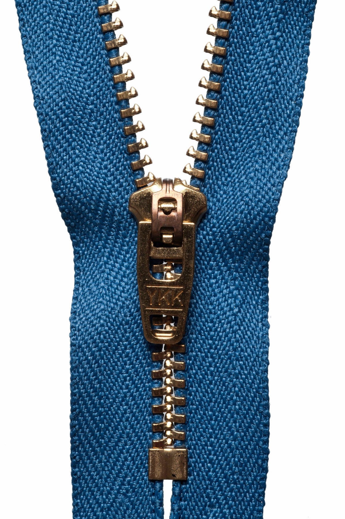 YKK brass jeans zip with slate blue tape, 15cm