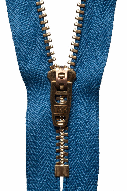 YKK brass jeans zip with slate blue tape, 15cm