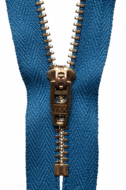 YKK brass jeans zip with slate blue tape, 15cm