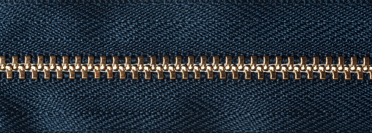 YKK brass jeans zip with dark navy tape, 15cm