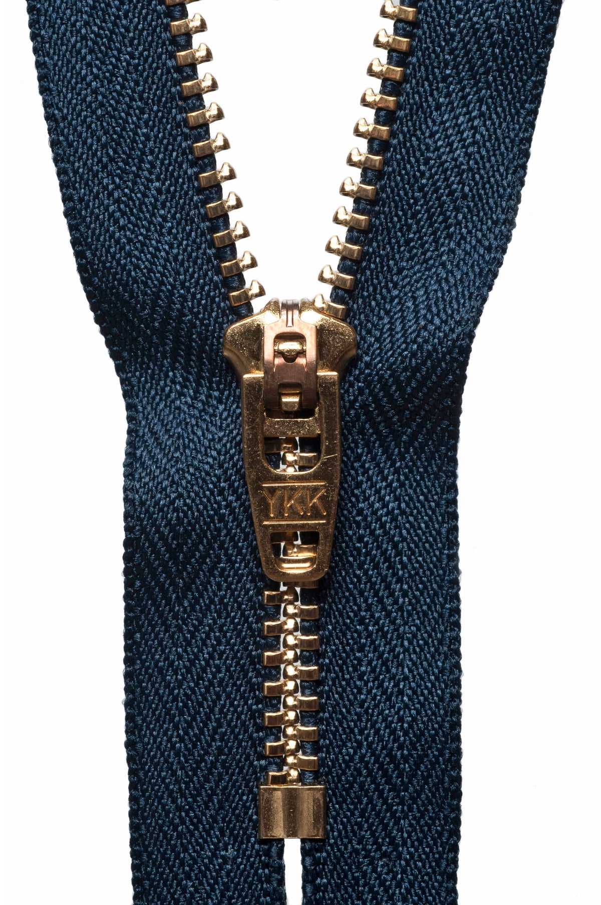 YKK brass jeans zip with dark navy tape, 15cm
