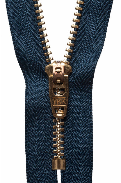 YKK brass jeans zip with dark navy tape, 15cm