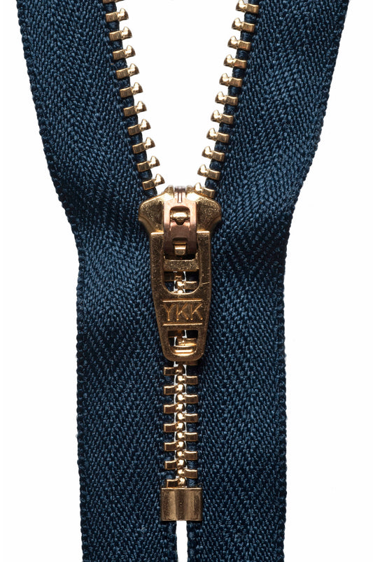 YKK brass jeans zip with dark navy tape, 15cm