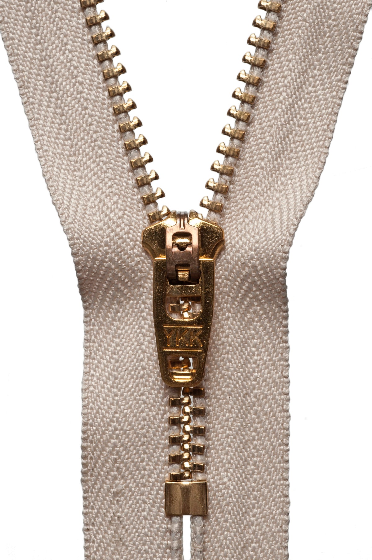 YKK brass jeans zip with beige tape, 15cm