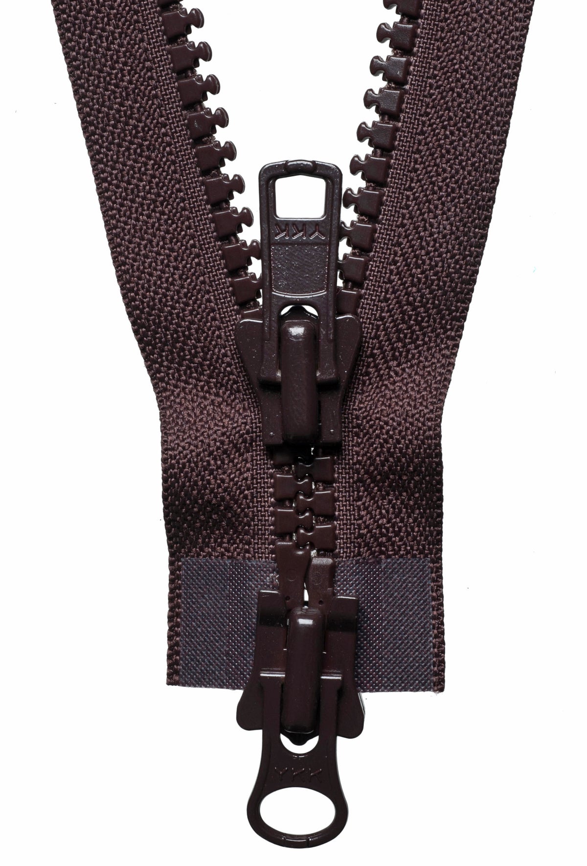 Brown YKK Vislon two-way open end zip with plastic teeth