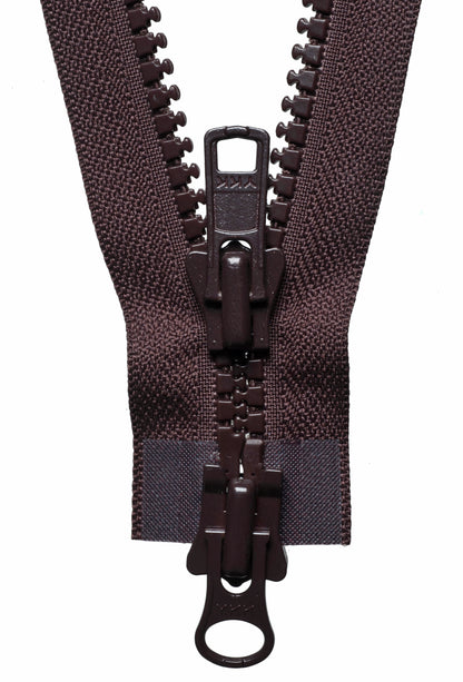Brown YKK Vislon two-way open end zip with plastic teeth