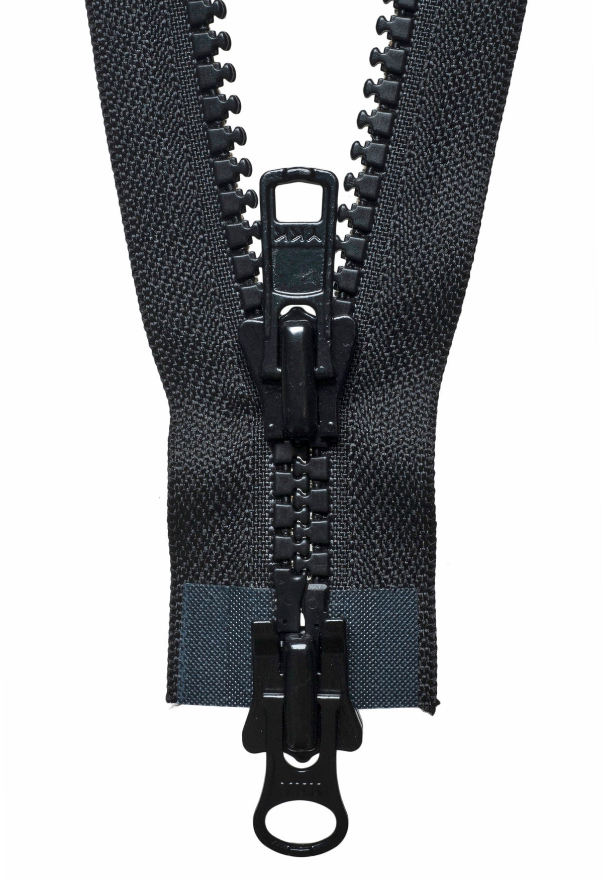 Black YKK Vislon two-way open end zip with plastic teeth