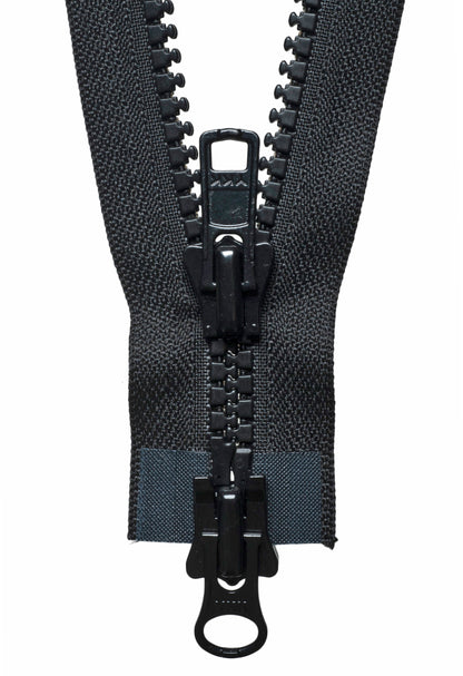 Black YKK Vislon two-way open end zip with plastic teeth